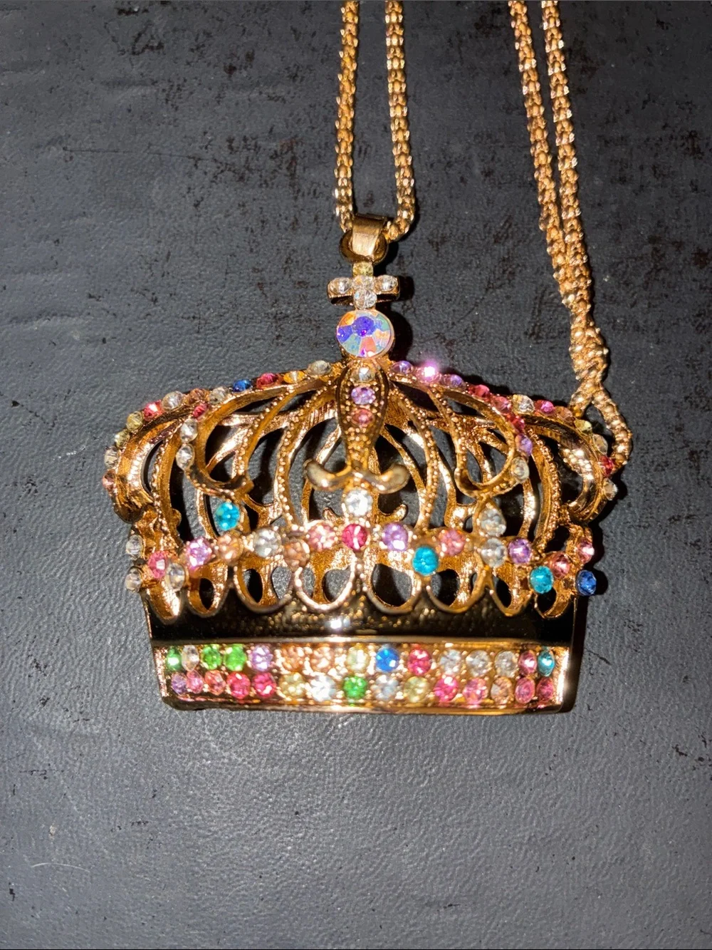 Gold Crown Pendant Necklace with Multicolor Crystals